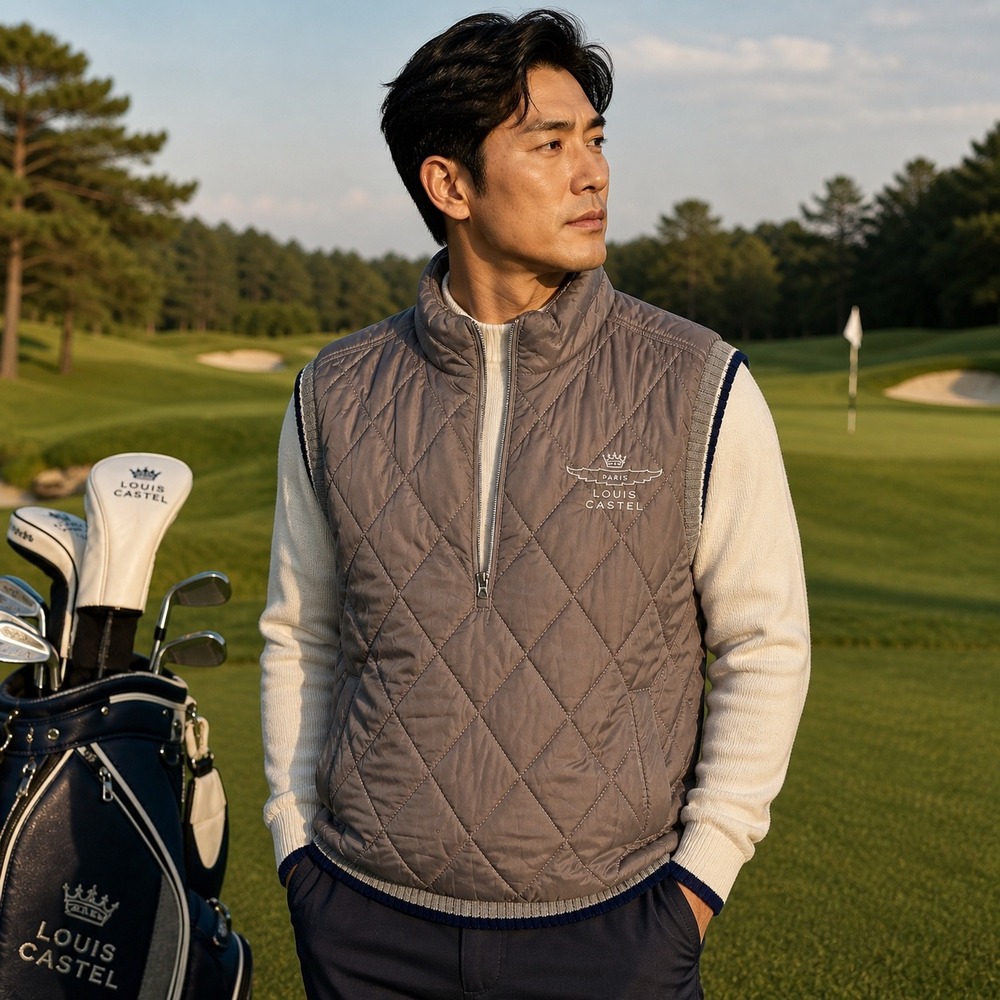 Mens Quilted Wool Blend Quarter Zip Golf Vest Beige Size M Luxury Preppy 1/4 Zip